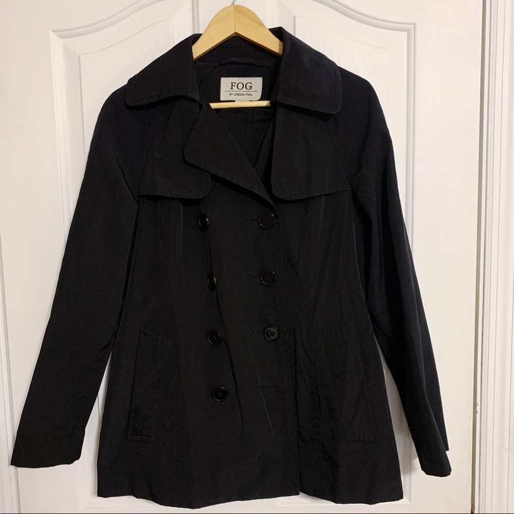 London Fog Black Double Breasted Rain Jacket, Small, 100% Polyester